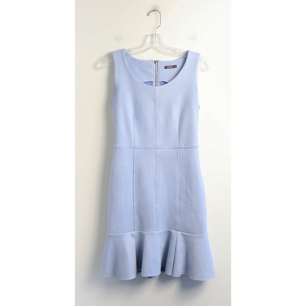 Lusio Pastel Blue Faux Suede Dress Stretch Mini Short Ruffle Hem Sheath Xs S